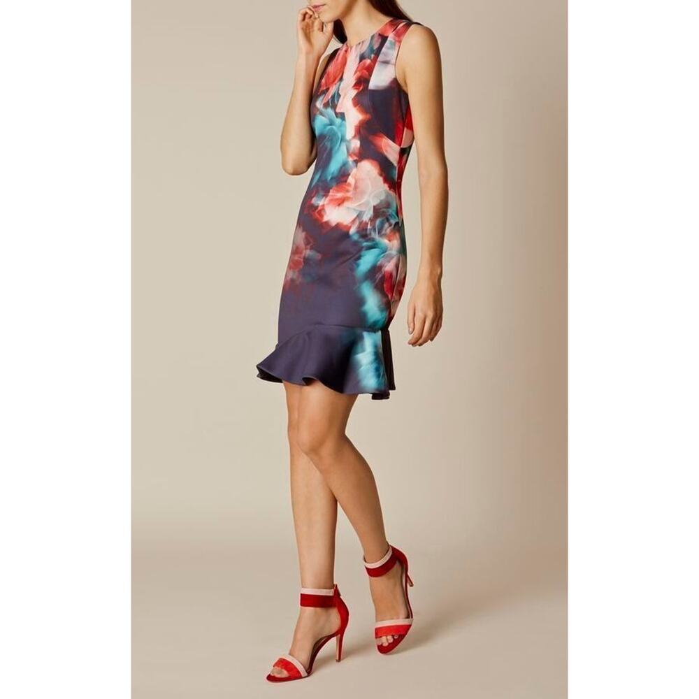 $299 Karen Millen Blue Floral Scuba Cutout Asymmetric Flounce Hem Dress 4 NWT